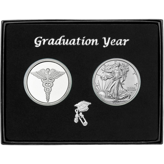 Graduation Year Medical Silver Medallion and Silver American Eagle 2pc Gift Set