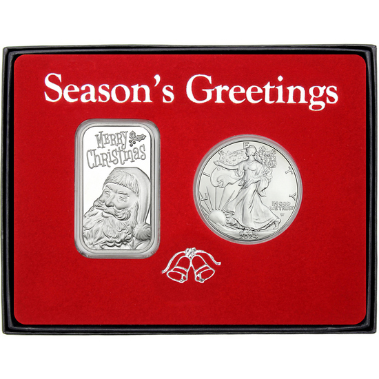 Season's Greetings Jolly Santa Claus Silver Bar and Silver American Eagle 2pc Box Gift Set