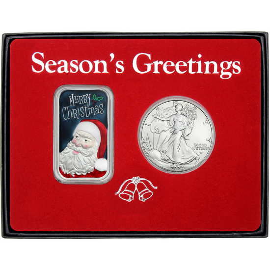 Season's Greetings Jolly Santa Enameled Silver Bar and Silver American Eagle 2pc Box Gift Set