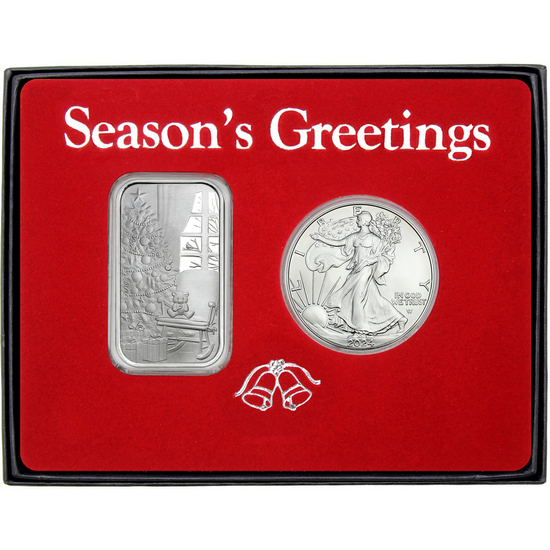 Season's Greetings Cozy Christmas Memories Silver Bar and Silver American Eagle 2pc Box Gift Set