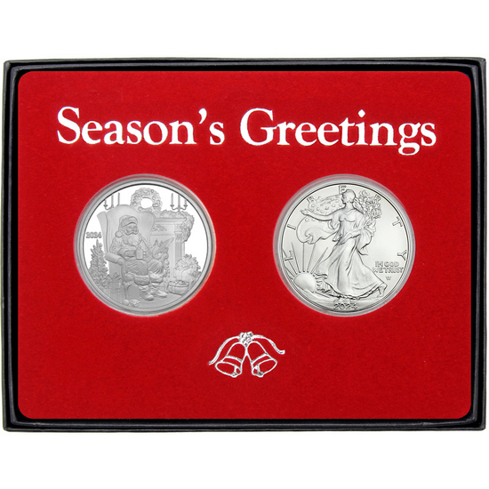 Season's Greetings Letters to Santa Silver Medallion and Silver American Eagle 2pc Box Gift Set