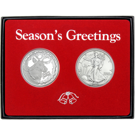 Season's Greetings Santa's Reindeer Silver Medallion and Silver American Eagle 2pc Box Gift Set