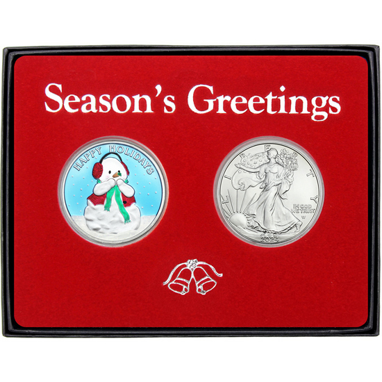 Season's Greetings Happy Holidays Snowman Enameled Silver Medallion and Silver American Eagle 2pc Box Gift Set