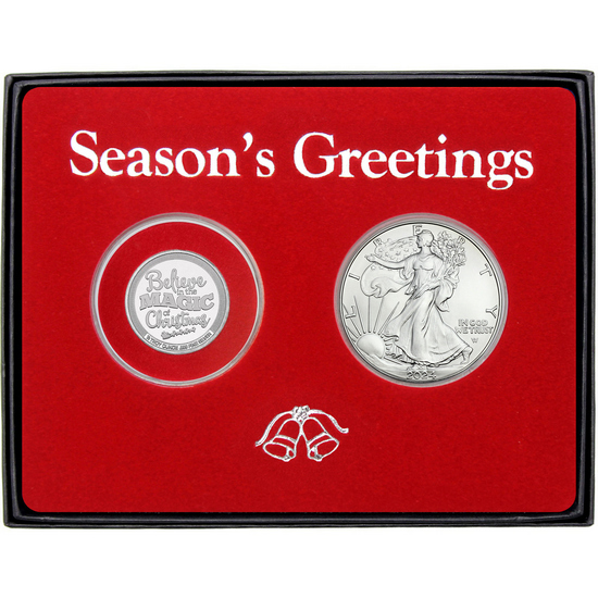 Season's Greetings Believe in the Magic of Christmas Half Ounce Silver Medallion and Silver American Eagle 2pc Box Gift Set