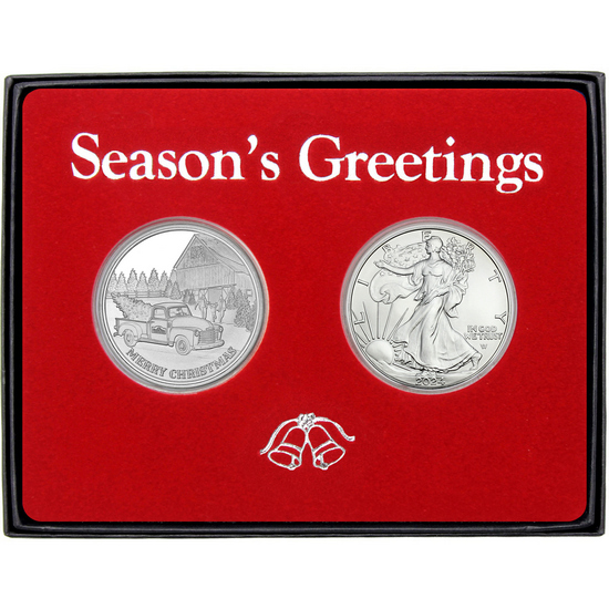 Season's Greetings Christmas Tree Farm Truck Silver Medallion and Silver American Eagle 2pc Box Gift Set