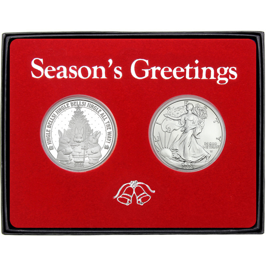 Season's Greetings Jingle Bells! Caroling Bunnies Silver Medallion and Silver American Eagle 2pc Box Gift Set