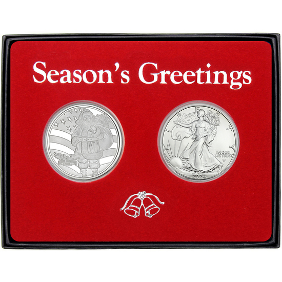 Season's Greetings Patriotic Santa Claus Silver Medallion and Silver American Eagle 2pc Box Gift Set