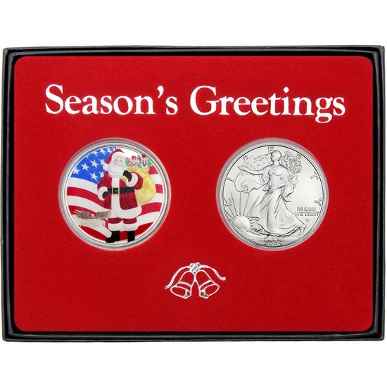 Season's Greetings Patriotic Santa Claus Enameled Silver Medallion and Silver American Eagle 2pc Box Gift Set