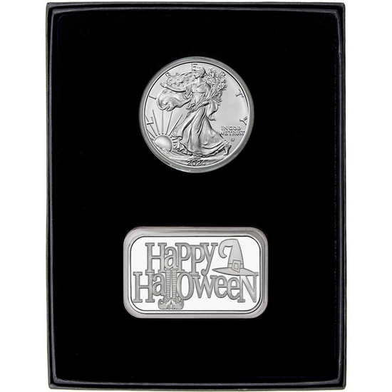 Happy Halloween Witch Silver Bar and Silver American Eagle 2pc Gift Set