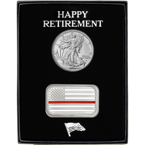 Happy Retirement Enameled Red Line American Flag Silver Bar and Silver American Eagle 2pc Gift Set