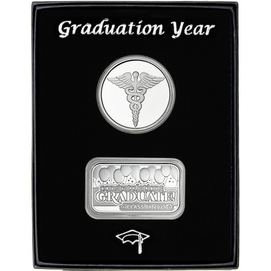 Graduation Year 2024 Silver Bar and Medical Medallion 2pc Gift Set