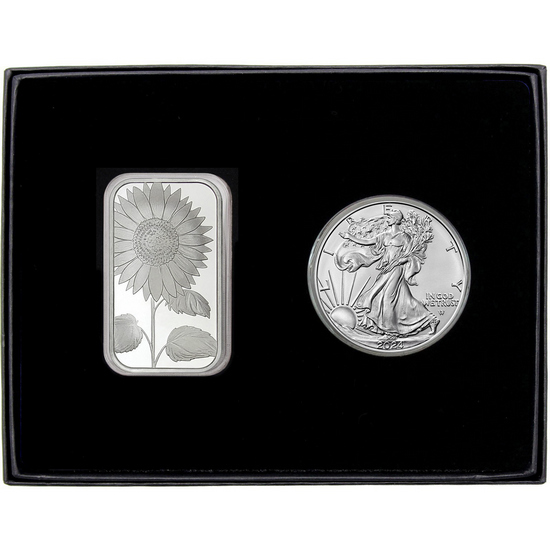 Sunflower Silver Bar and Silver American Eagle 2pc Gift Set