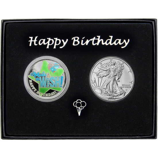 Make a Wish! Happy Birthday Enameled Blue Silver Medallion and Silver American Eagle 2pc Gift Set