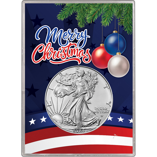 2024 Silver American Eagle BU in Patriotic Merry Christmas Gift Holder