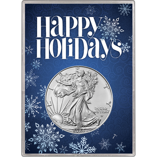 2024 Silver American Eagle BU in Blue Happy Holidays Gift Holder