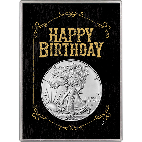2024 Silver American Eagle BU in Black & Gold Happy Birthday Gift Holder