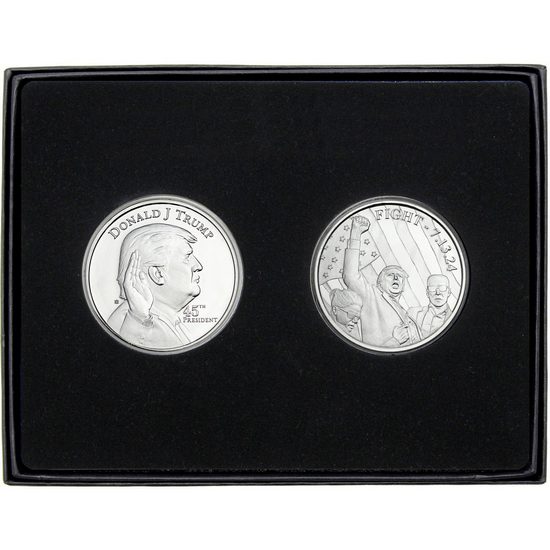 Donald Trump 45 President & Fight 7.13.24 Silver Medallion 2pc Gift Set