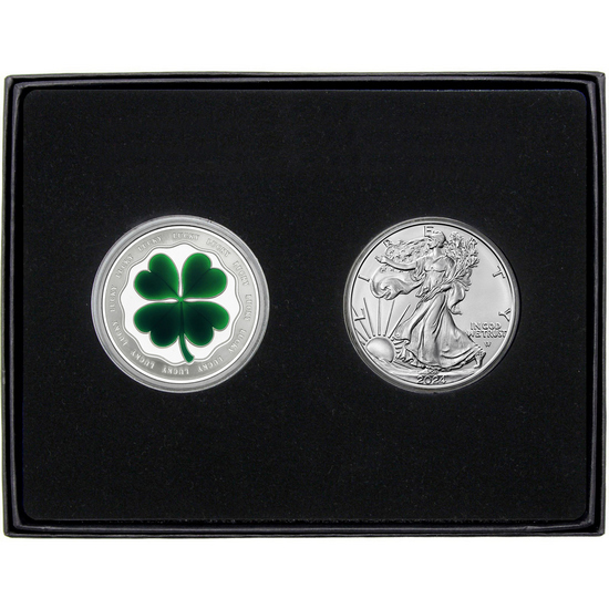 Lucky Four Leaf Clover Enameled Silver Medallion and Silver American Eagle 2pc Gift Set