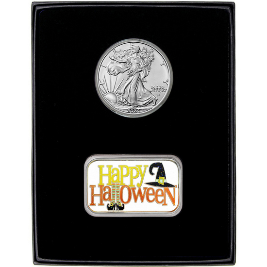 Happy Halloween Witch Enameled Silver Bar and Silver American Eagle 2pc Gift Set