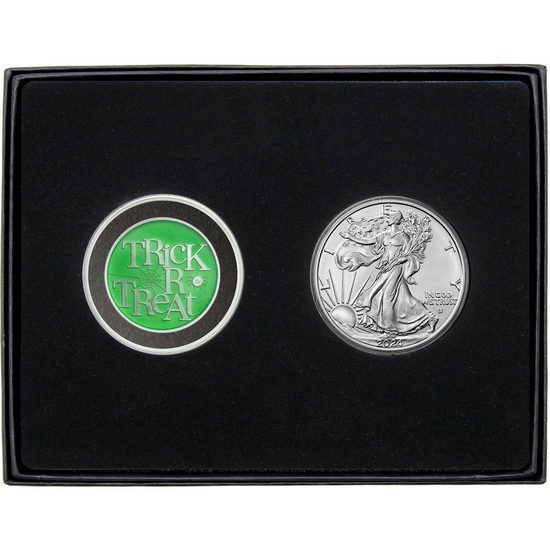 Trick or Treat Glow-in-the-Dark Silver Medallion Enameled and Silver American Eagle 2pc Gift Set