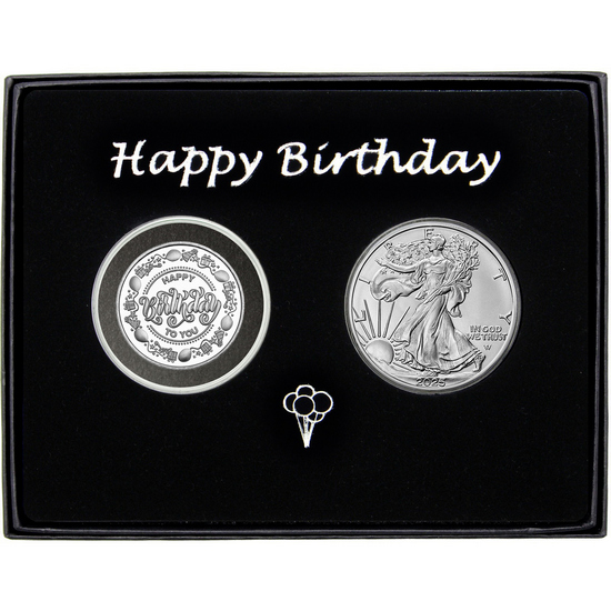 Happy Birthday to You Half Ounce Silver Medallion and Silver American Eagle 2pc Gift Set