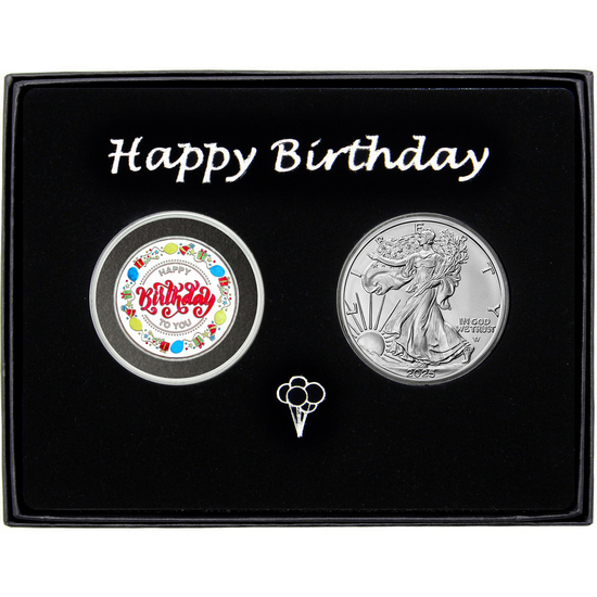 Happy Birthday to You Half Ounce Silver Medallion Enameled and Silver American Eagle 2pc Gift Set