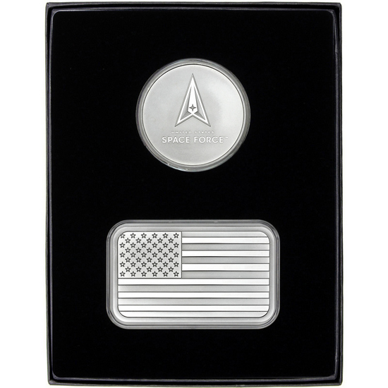 American Flag 5oz Silver Bar and US Space Force Silver Medallion 2pc Gift Set