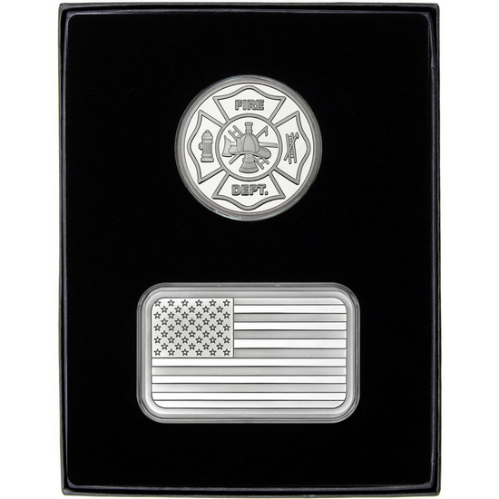 American Flag 5oz Silver Bar and Fire Department Silver Medallion 2pc Gift Set