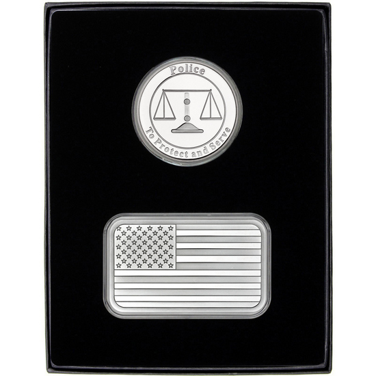 American Flag 5oz Silver Bar and Police Medallion 2pc Gift Set