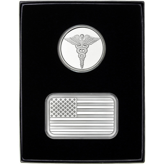 American Flag 5oz Silver Bar and Medical Silver Medallion 2pc Gift Set