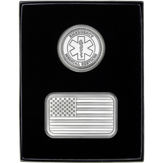 American Flag 5oz Silver Bar and EMS Silver Medallion 2pc Gift Set