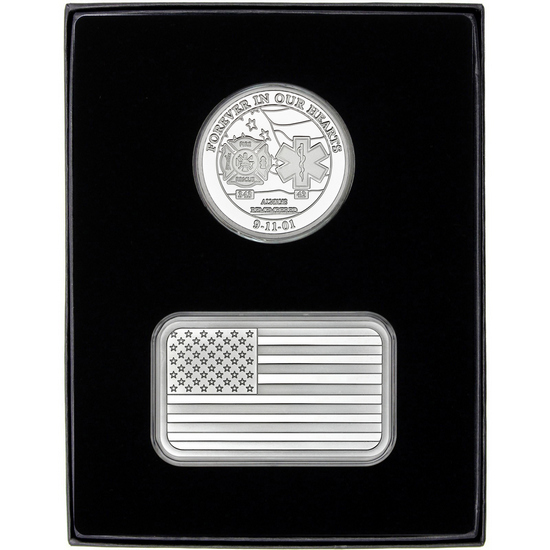 9/11 Tribute Silver Medallion and 5oz American Flag Silver Bar 2pc Gift Set