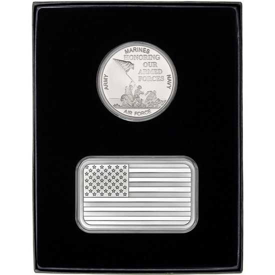 American Flag 5oz Silver Bar and Armed Forces Silver Medallion 2pc Gift Set