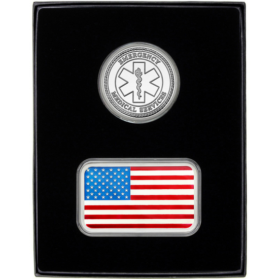 Enameled American Flag 5oz Silver Bar and EMS Silver Medallion 2pc Gift Set