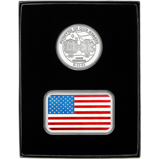 9/11 Tribute Silver Medallion and Enameled 5oz American Flag Silver Bar 2pc Gift Set