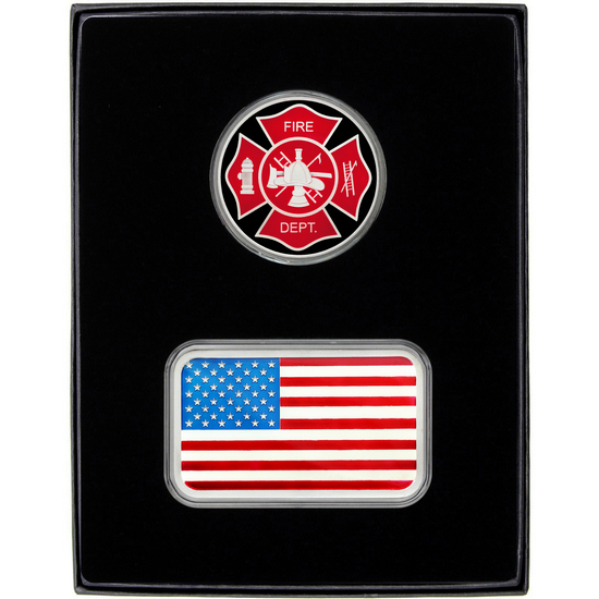 Enameled 5oz American Flag Silver Bar and Enameled Fire Department Silver Medallion 2pc Gift Set