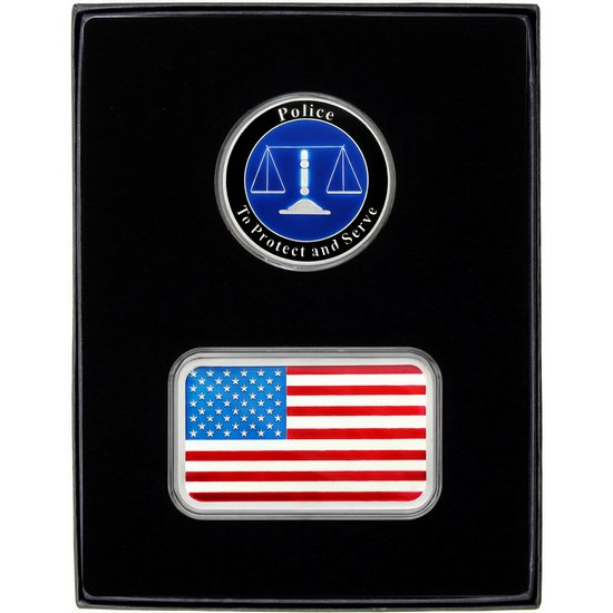 Enameled 5oz American Flag Silver Bar and Enameled Police Silver Medallion 2pc Gift Set