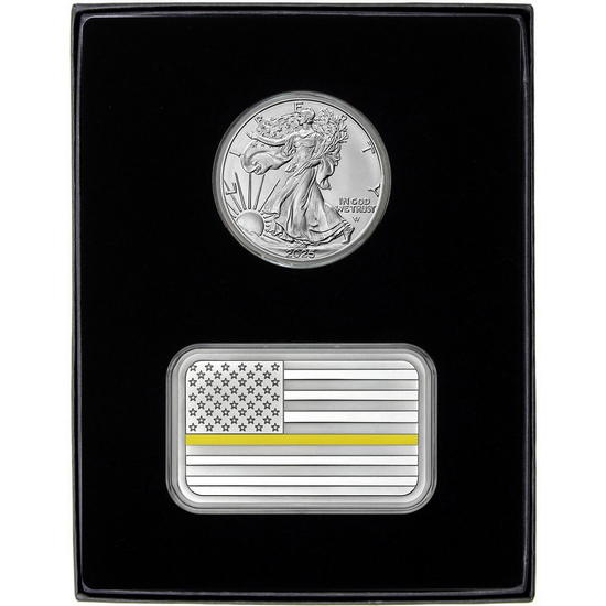 Enameled Gold Line 5oz American Flag Silver Bar and Silver American Eagle 2pc Gift Set