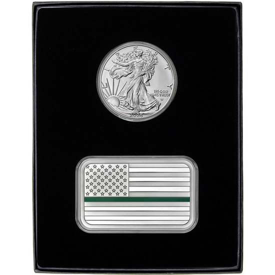 Enameled Green Line 5oz American Flag Silver Bar and Silver American Eagle 2pc Gift Set