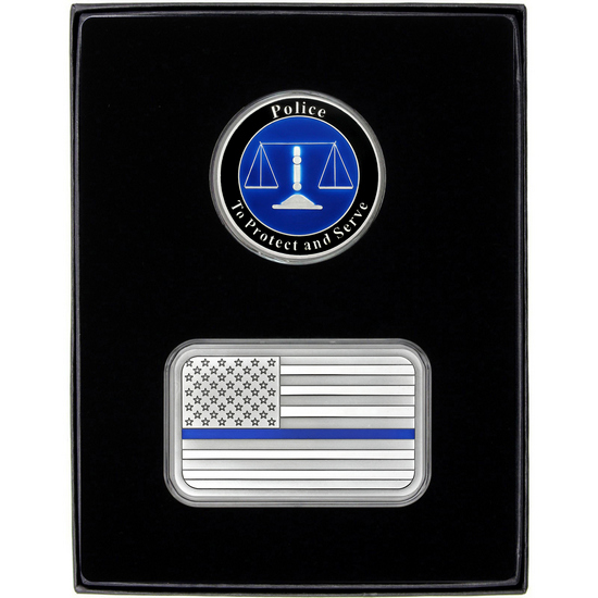 Enameled Blue Line American Flag 5oz Silver Bar and Enameled Police Silver Medallion 2pc Gift Set