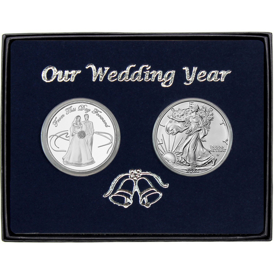 Our Wedding Year Silver Couple Round and Silver American Eagle 2pc Gift Box