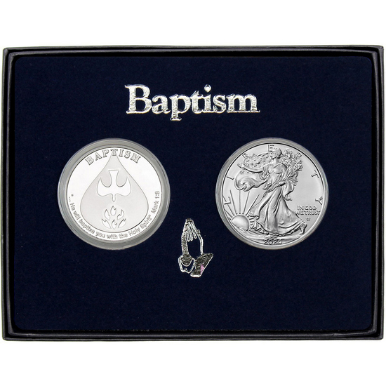 Baptism Silver Medallion and Silver American Eagle 2pc Gift Set