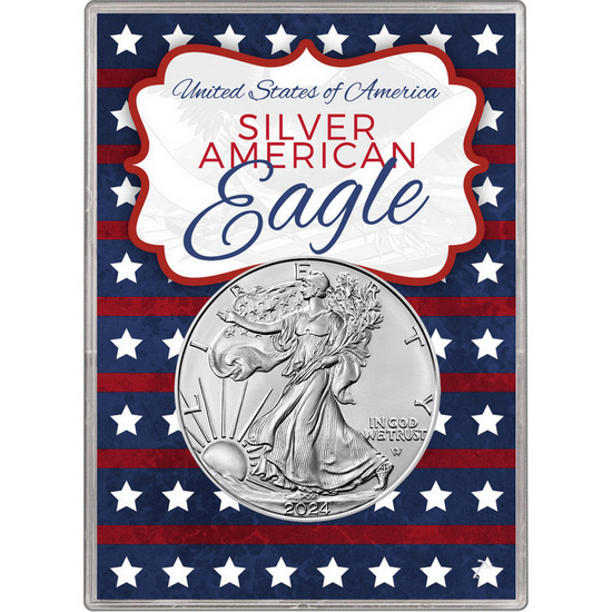 2024 Silver American Eagle BU in Patriotic Stars and Stripes Gift Holder