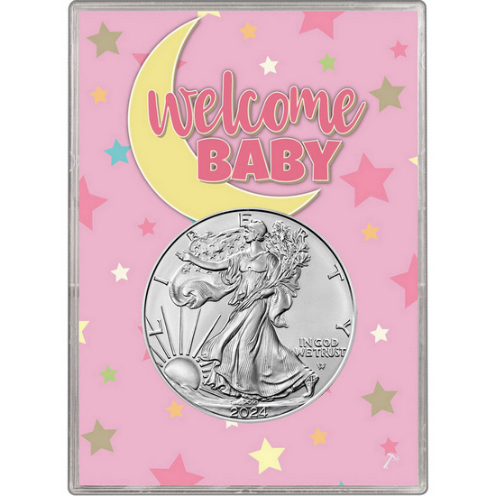 2024 Silver American Eagle BU in Pink Welcome Baby Gift Holder
