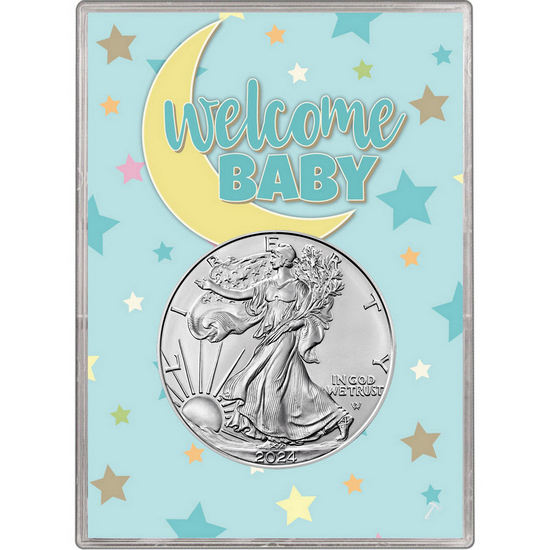 2024 Silver American Eagle BU in Blue Welcome Baby Gift Holder