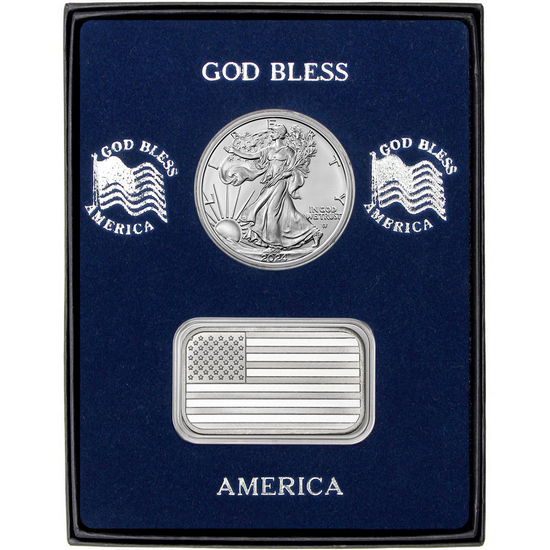 American Flag Silver Bar and Silver American Eagle 2pc Gift Set