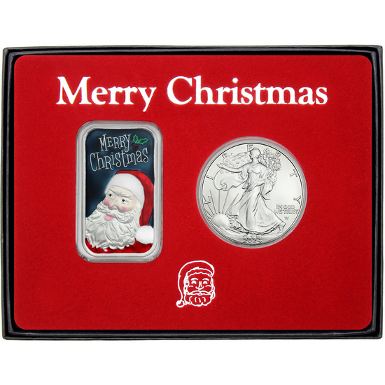 Merry Christmas Jolly Santa Enameled Silver Bar and Silver American Eagle 2pc Box Gift Set