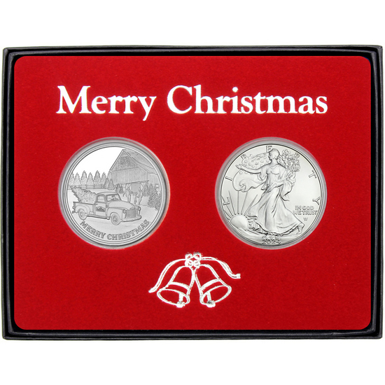 Merry Christmas Tree Farm Truck Silver Medallion and Silver American Eagle 2pc Box Gift Set