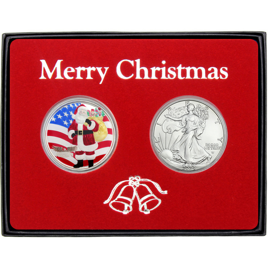 Merry Christmas Patriotic Santa Claus Enameled Silver Medallion and Silver American Eagle 2pc Box Gift Set