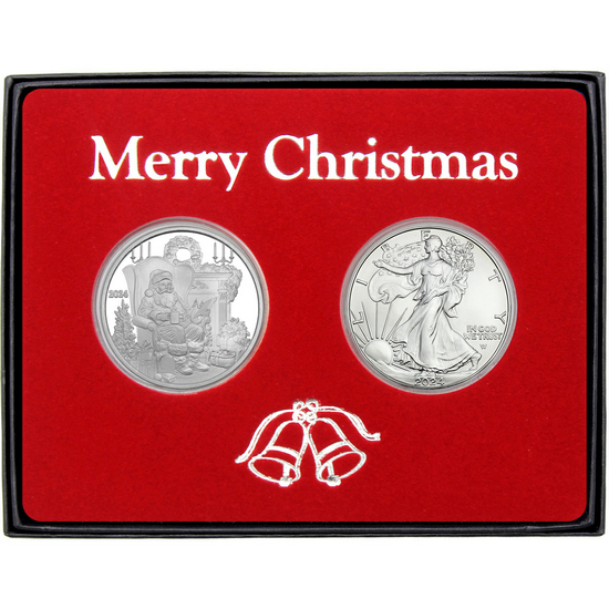 Merry Christmas Letters to Santa Silver Medallion and Silver American Eagle 2pc Box Gift Set